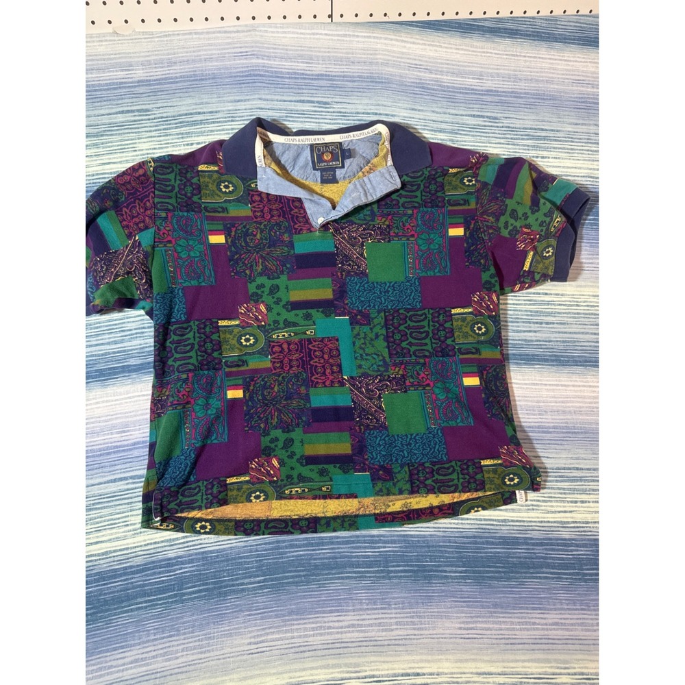 Vintage Chaps Ralph Lauren Polo Shirt Mens Large Patchwork Paisley 90s Cotton